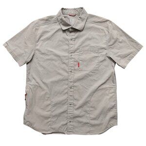 Topo Designs Global Shirt Mens Size M Short Sleeve Snap Buttons Zip Pocket Gray